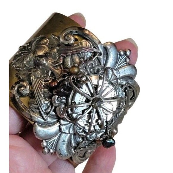 Steampunk Large Cuff Bracelet Brass & Silver Tone Watch Gear Art Nouveau Design - Picture 8 of 11